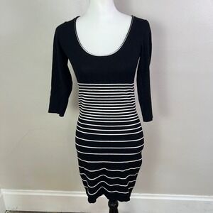 Max Studio XS Sweater Dress Black White Striped Bodycon Scoop Neck Knit